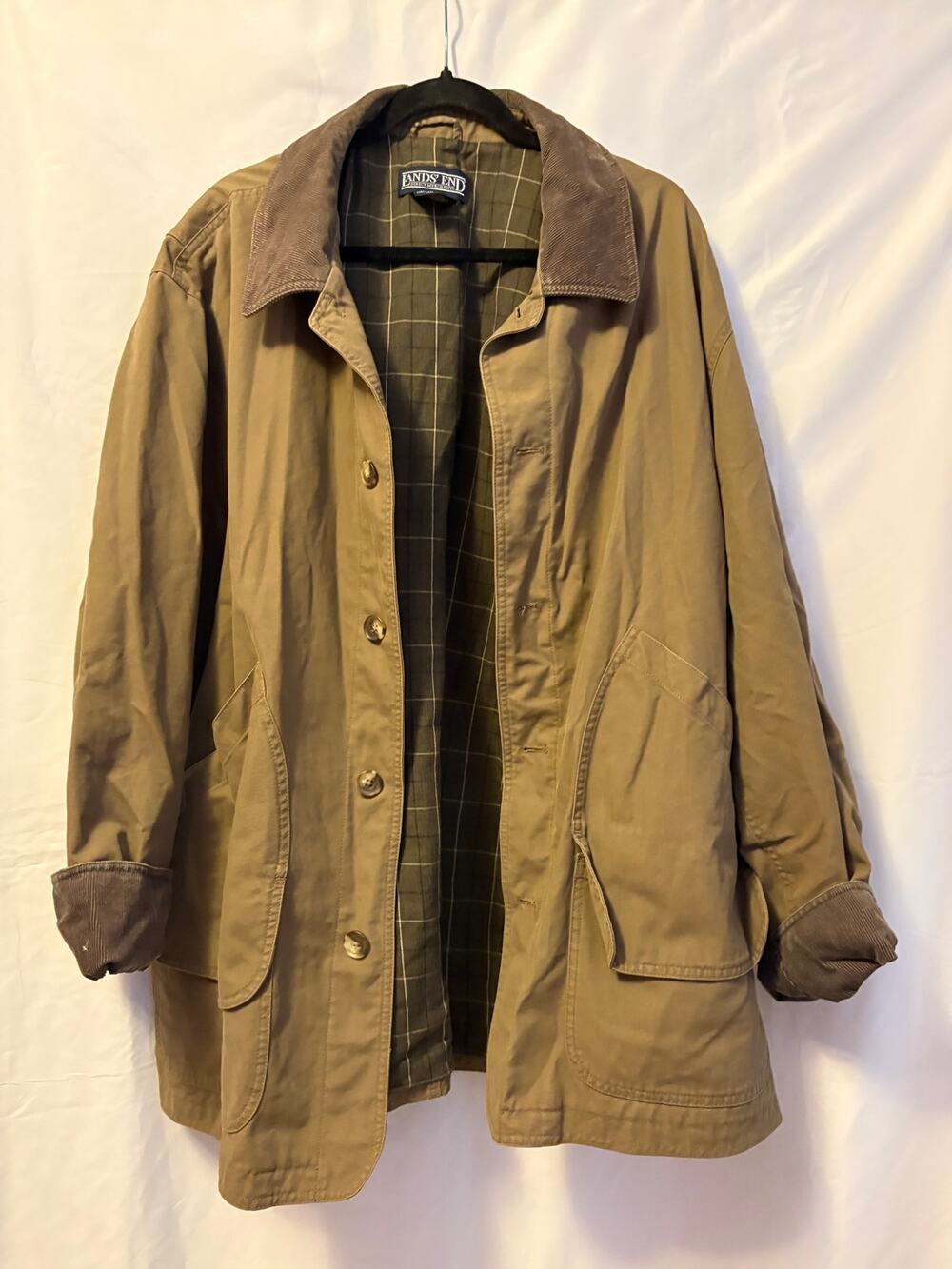 Lands End Tan Canvas Barn Jacket Corduroy Collar and Sleeves Womens size XXL